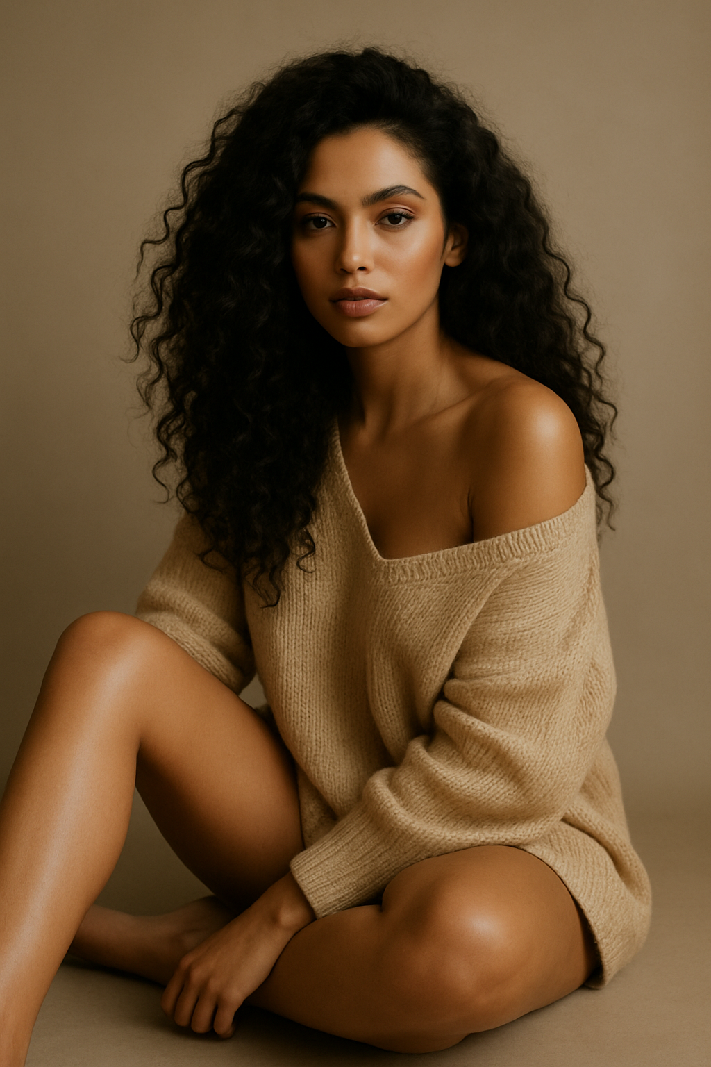 ChatGPT Image prompt: A woman with long, curly hair sits elegantly against a soft beige background. Sh...