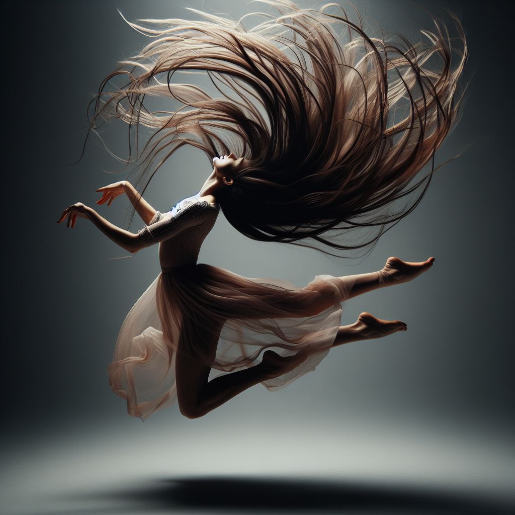 DALL·E prompt: Capture the mystique of a girl mid-jump, her long hair suspended in the air. Exp...