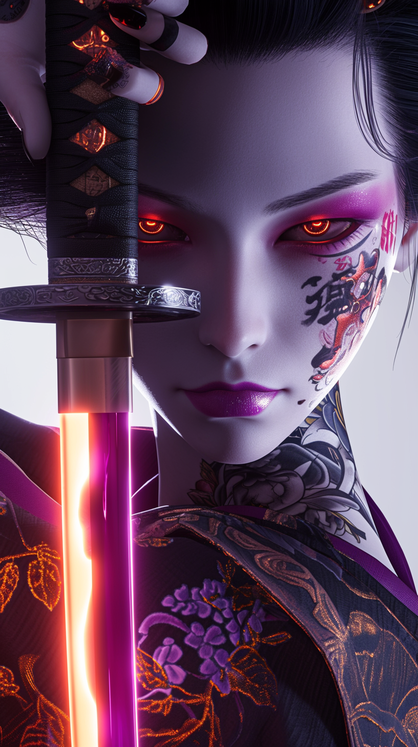 Midjourney prompt: Rebellious cyberpunk geisha with glowing neon tattoos yielding a katana, vintage...