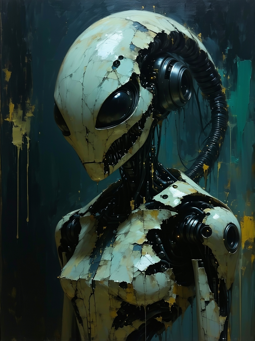 Stable Diffusion prompt: Create a terrifying random distressing image as a mixed media artwork. Create a ...