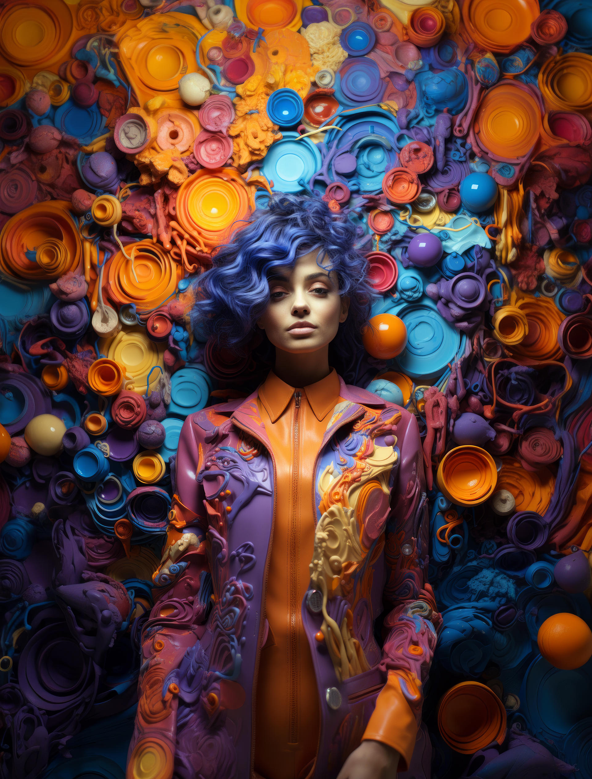 Midjourney prompt: there is a woman with many fingers in front of a purple wall, in the style of ps...