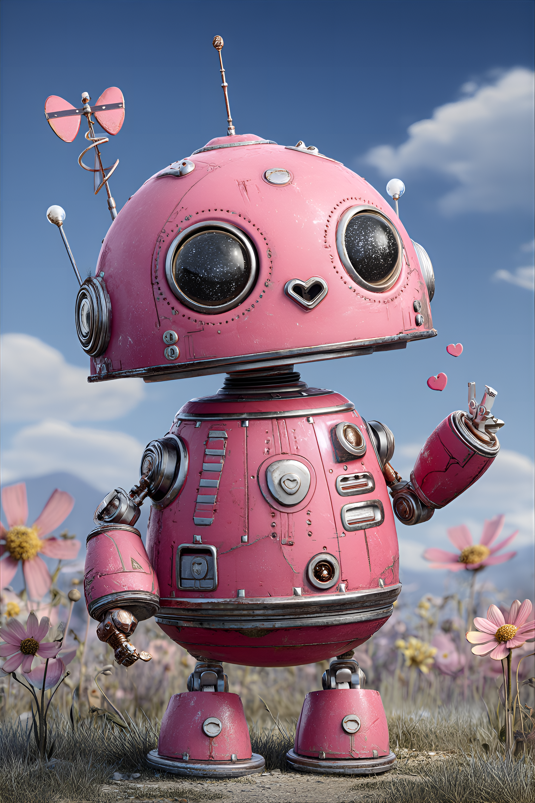 Midjourney prompt: funny caricature, cheerful robot, 2 years old, cute, curious, bubbly, round, bul...