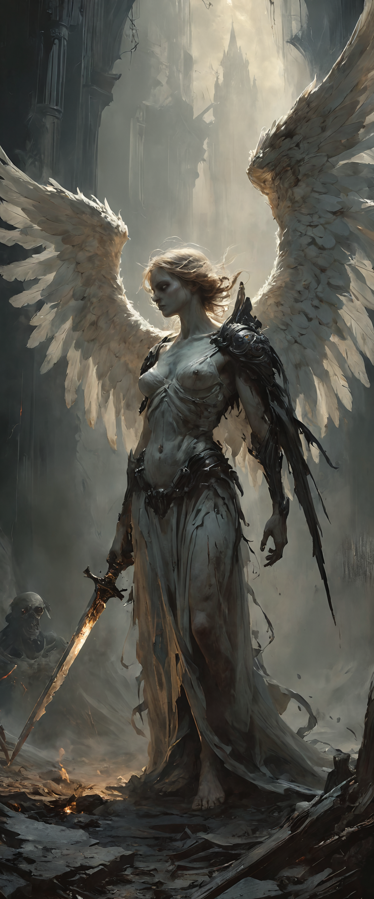 Stable Diffusion prompt: A dark and macabre 9 by 21 portrait depicting a side-view of a twisted, abominab...