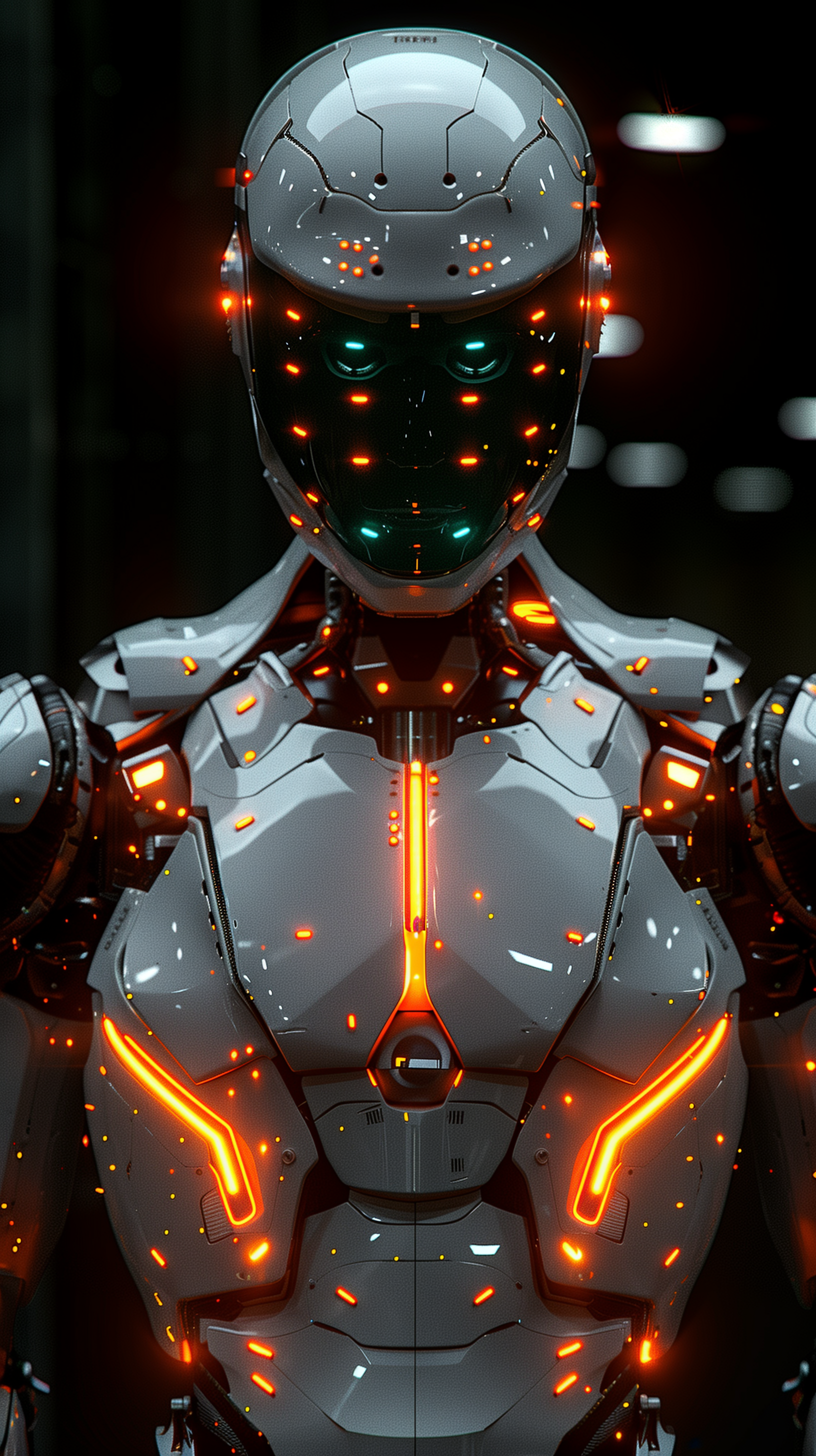 Midjourney prompt: 3d rendering, robot, front view, upper-body, neon glow with deep orange and gree...