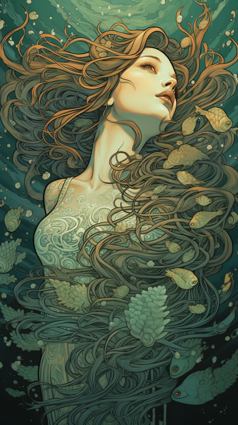 Midjourney prompt: Low angle of a graceful mermaid emerging from the ocean waves, enchanting and me...