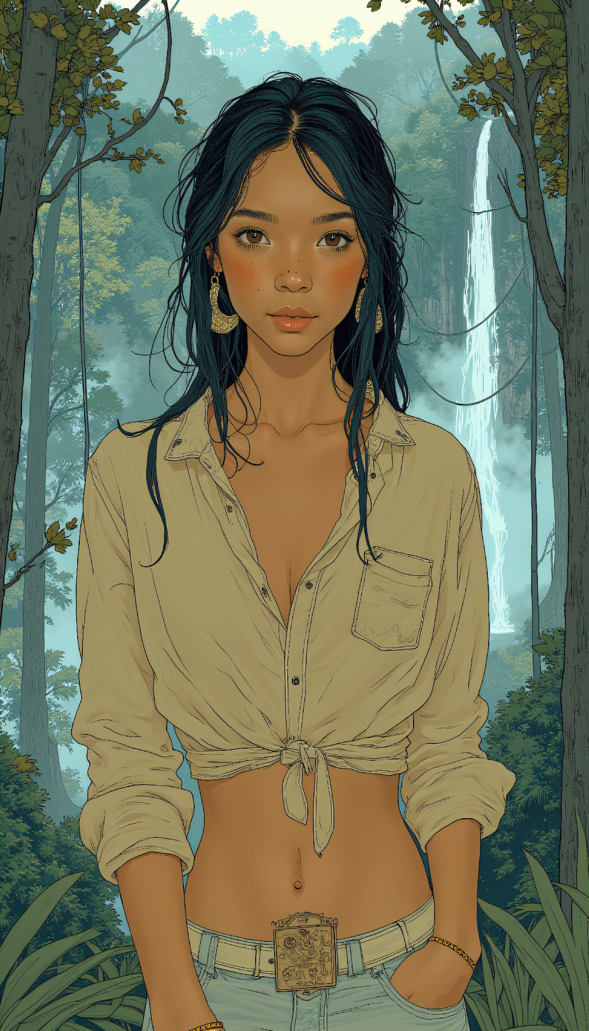 FLUX prompt: drawing of a 24-year-old Spanish female elegant queen with a warm and inviting e...