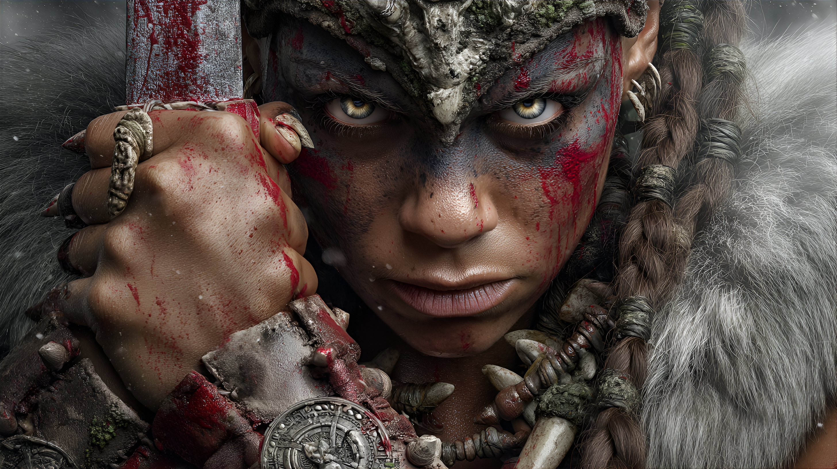 Midjourney prompt: womans face, scars and grit, fiery eyes, gripping a bloodcoated war pick, wearin...