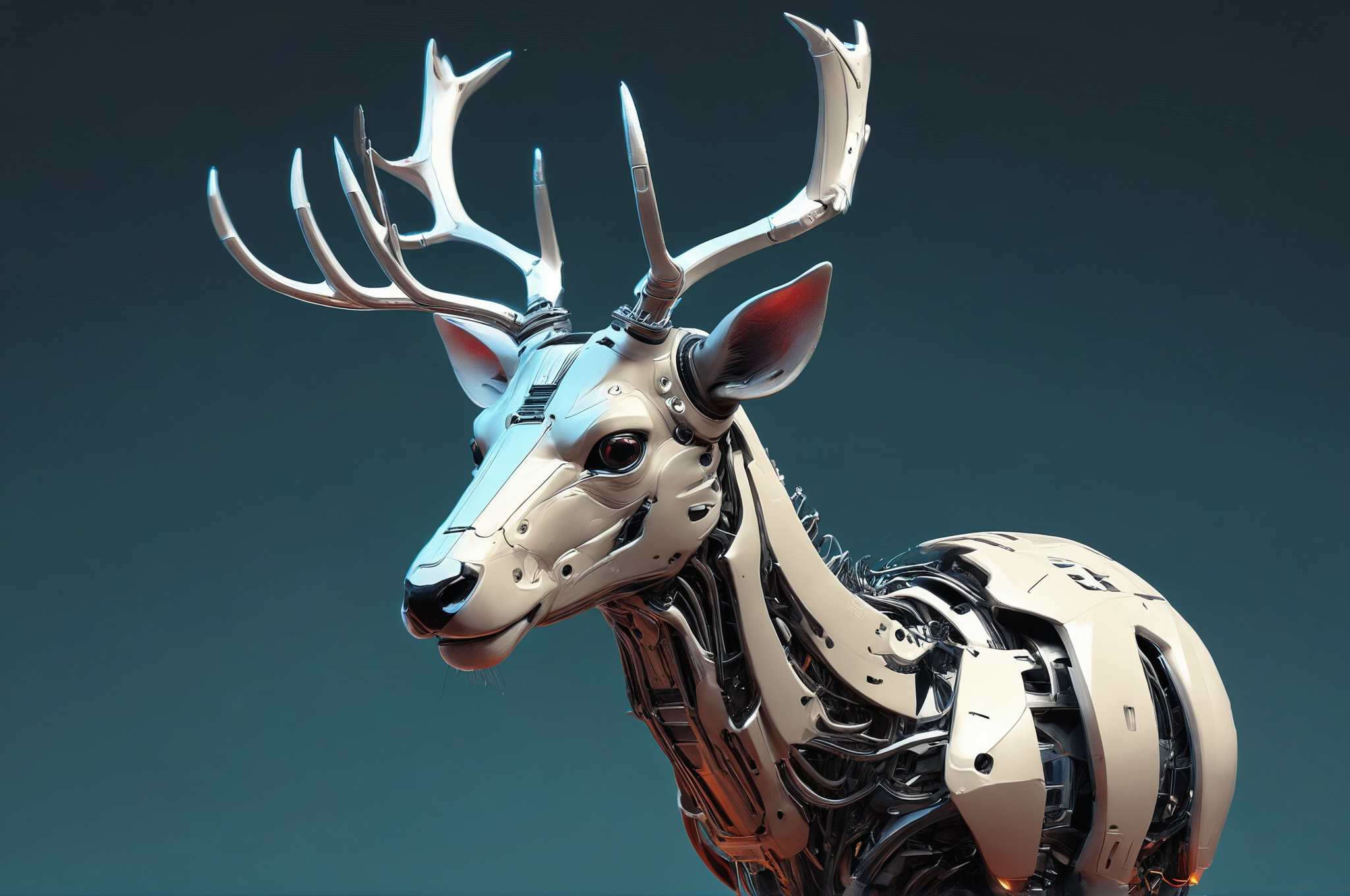 Juggernaut XL prompt: sci-fi, digital art, robotic head of a Deer, wearing cybernetics, its cybernetic...