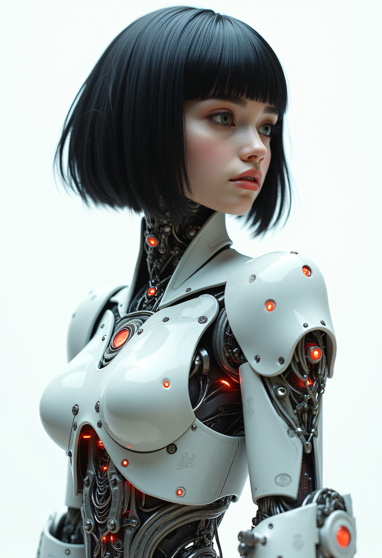 FLUX prompt: Hyperdetailed cyborg half body shot, feminine android with glossy white porcelai...