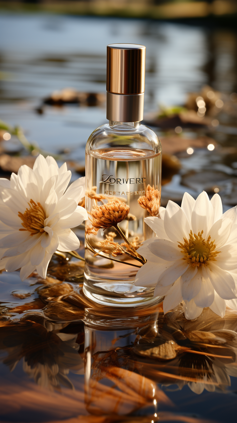 epiCRealism prompt: Product photography, a small bottle of golden moisturizer and white flowers next...