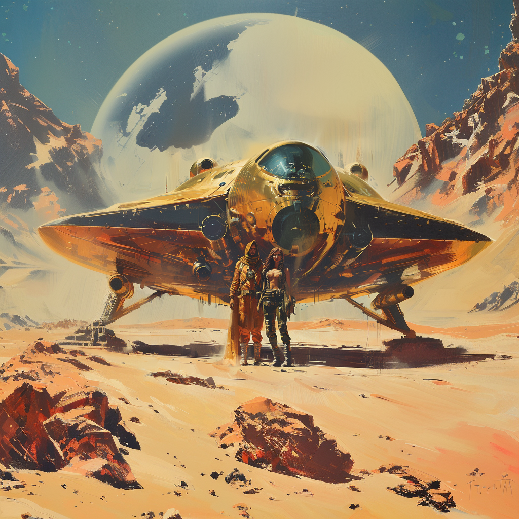 Midjourney prompt: 70s dark fantasy book illustration art in the style of Frazetta mecha spaceship ...