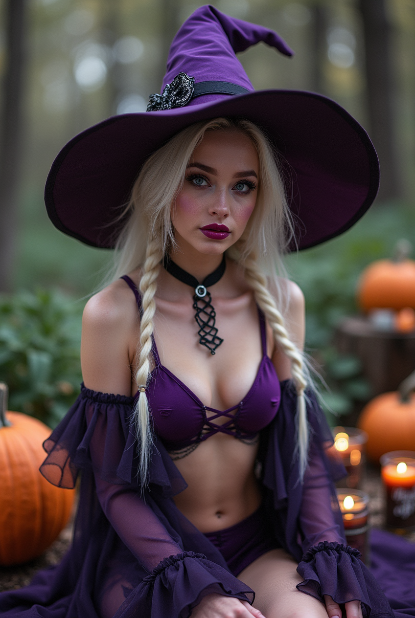 FLUX prompt: cutout,unzipped lingeriemodel,witch,halloween ambiente,whiteblonde pigtails,outs...
