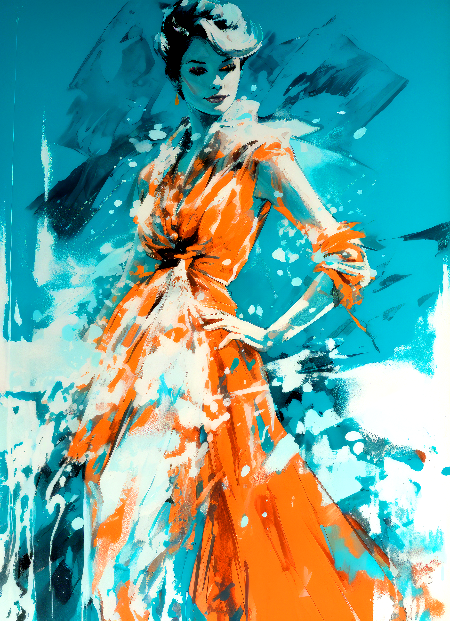 Midjourney prompt: tiffany huffman,'snow dress', in the style of vibrant, high-energy imagery, jean...