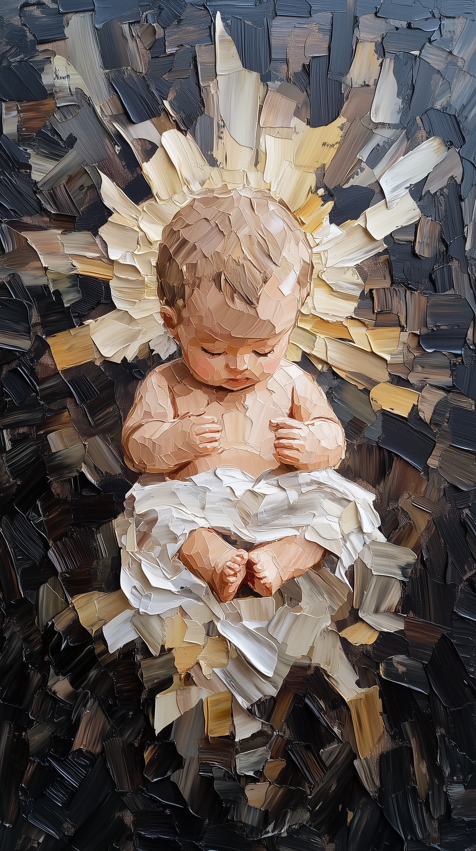 Midjourney prompt: artistic oil painting art, flat, baby jesus in the old testament, inspired by fa...