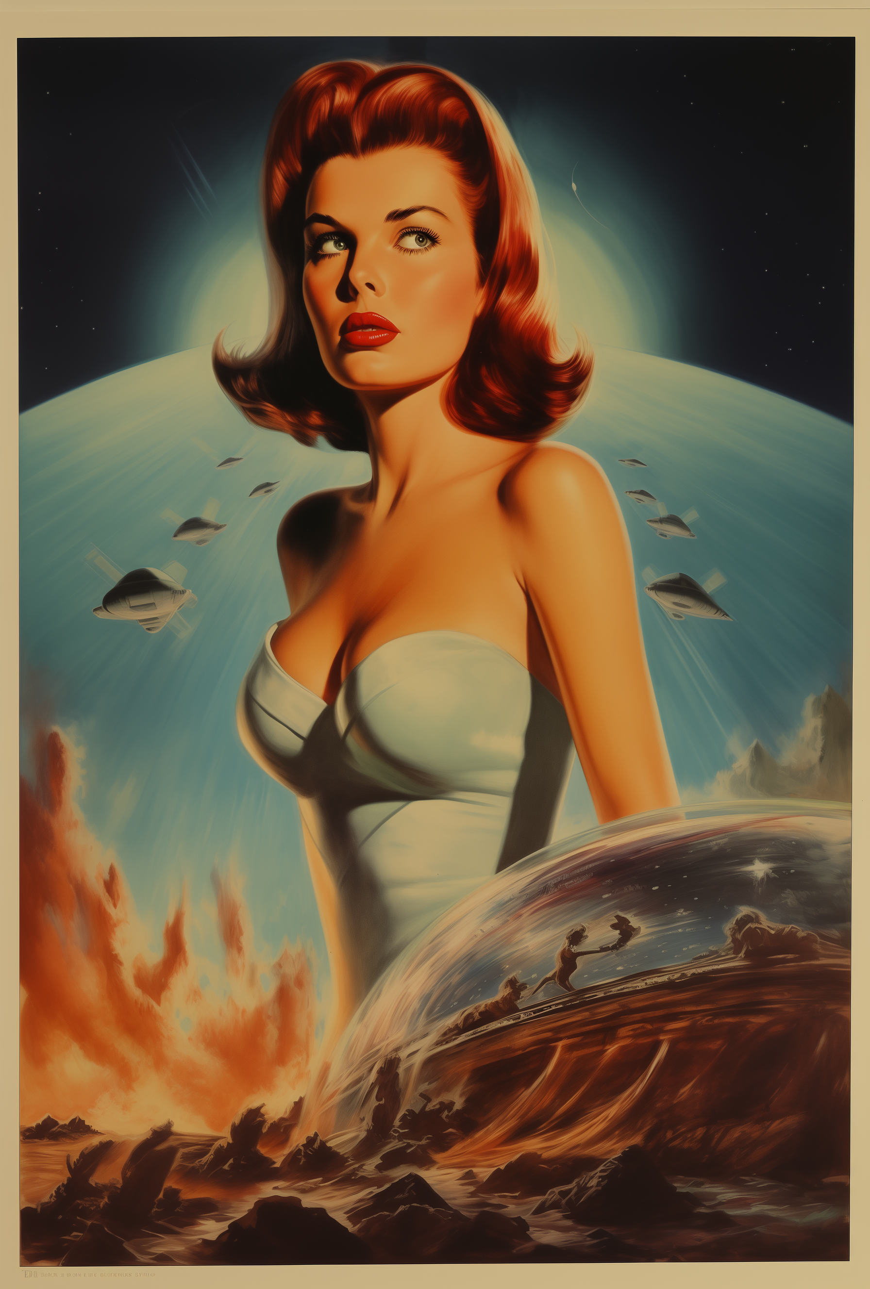 Midjourney prompt: A vintage movie poster depicting an alien invasion, with the aliens carrying bea...