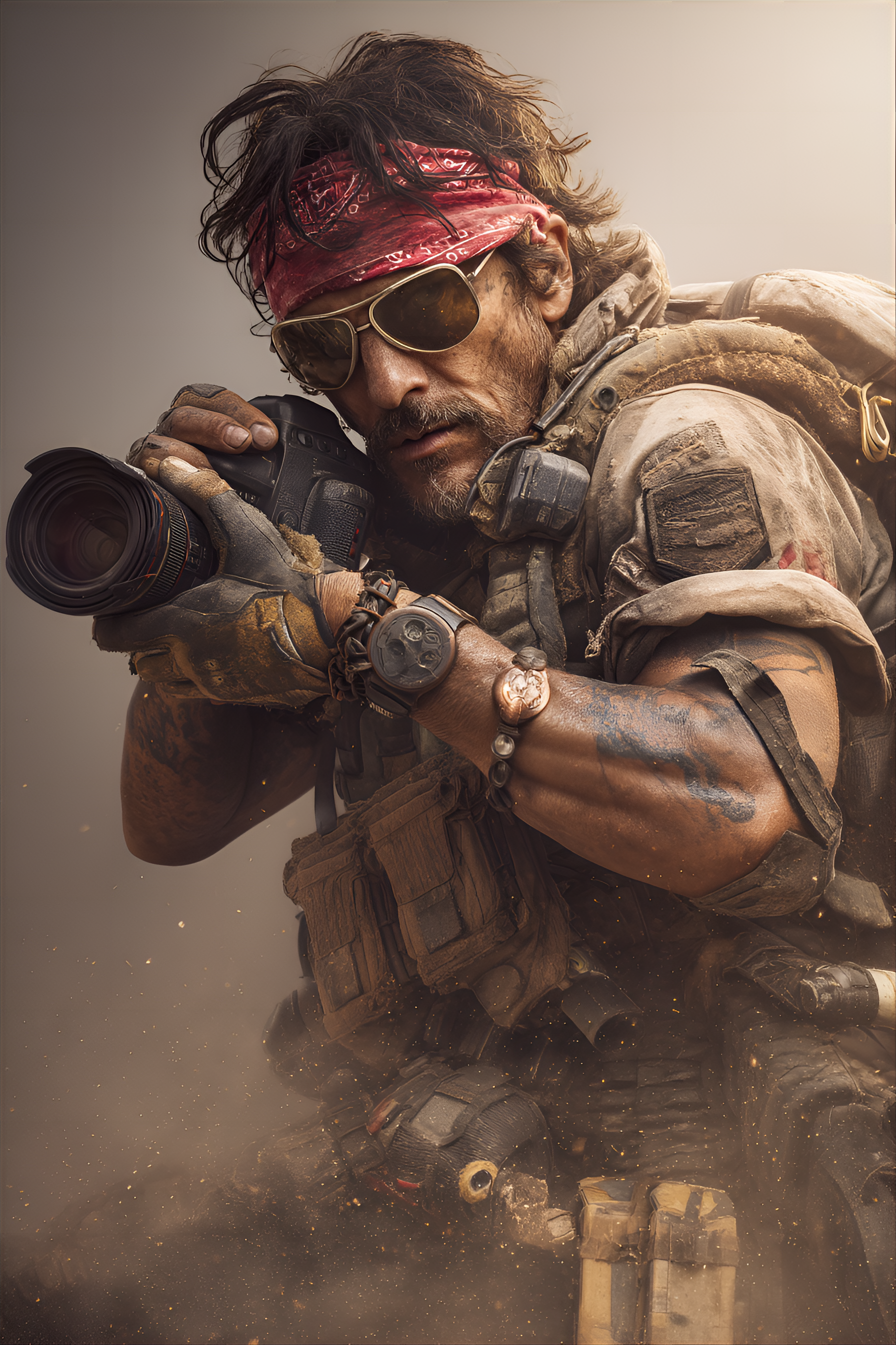 Midjourney prompt: middle-aged, Latinx man, focused and determined, wearing tactical gear, with a r...