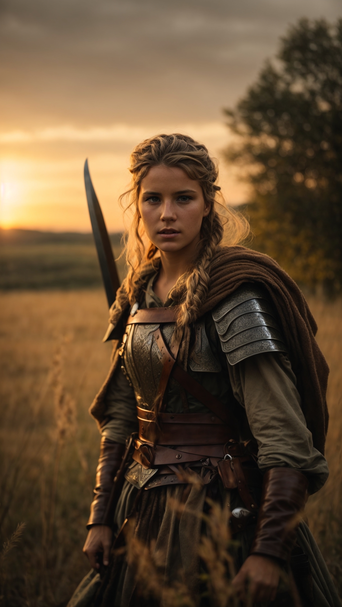Midjourney prompt: The German warrior, with her long braided hair and piercing blue eyes, blends in...