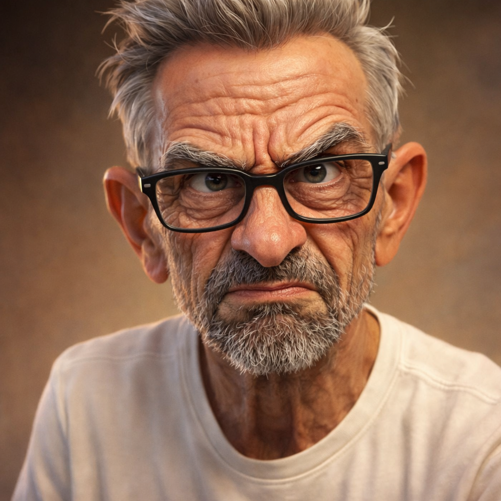 ChatGPT Image prompt: Expressive caricature in pixar style unreal charming seemingly mischievous irrit...