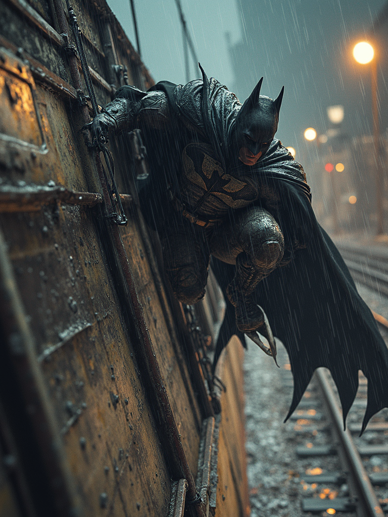 FLUX prompt: (masterpiece, ultra-detailed, high contrast), close-up of Batman’s determined ex...
