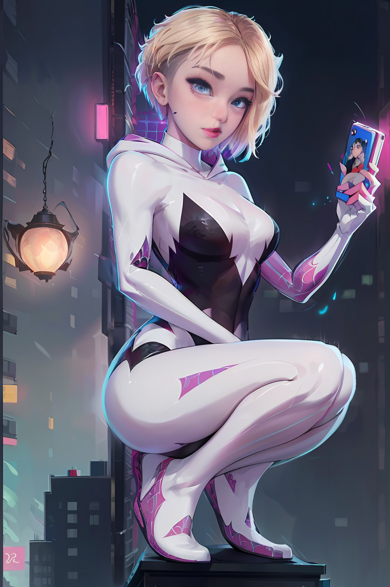 DreamShaper prompt: a close up of a woman in a black and white outfit holding a cell phone, spider g...