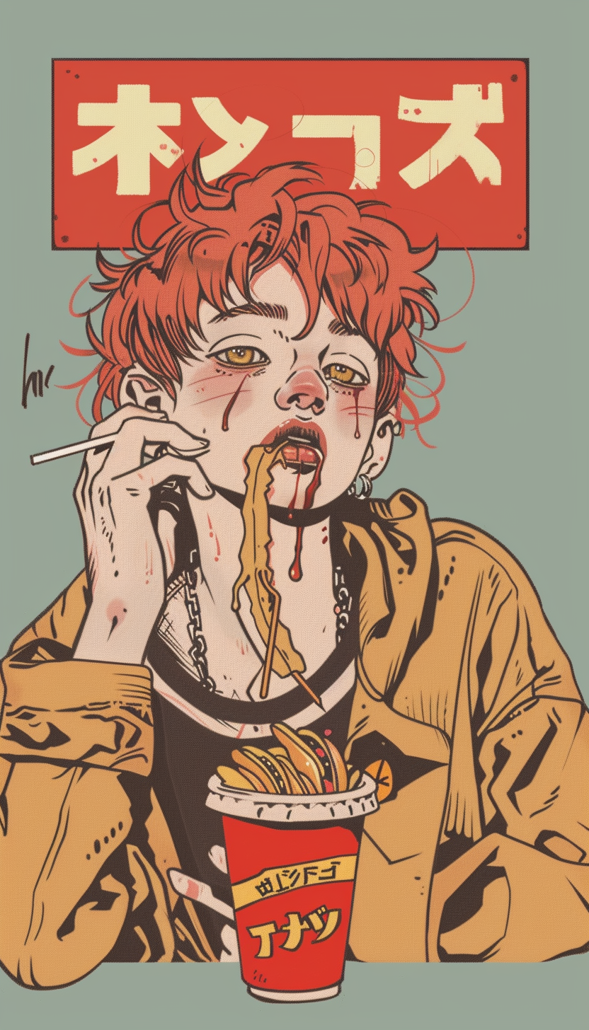 Midjourney prompt: fast food ad, billboard sign, 90s, anime, japanese pop, japanese words, in the s...