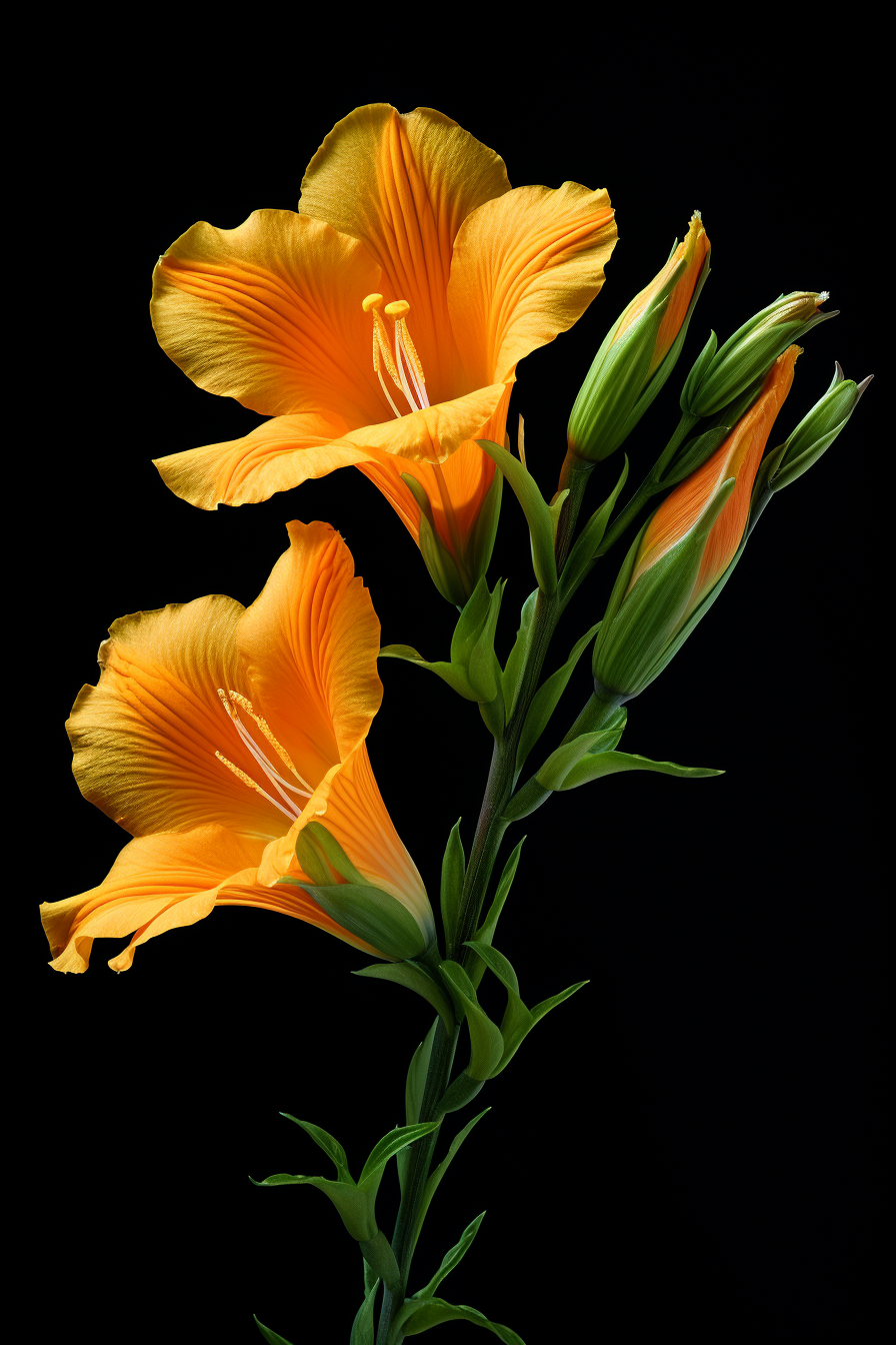 Midjourney prompt: Three yellow-orange petals of an alpine bellflower, with green leaves on the ste...