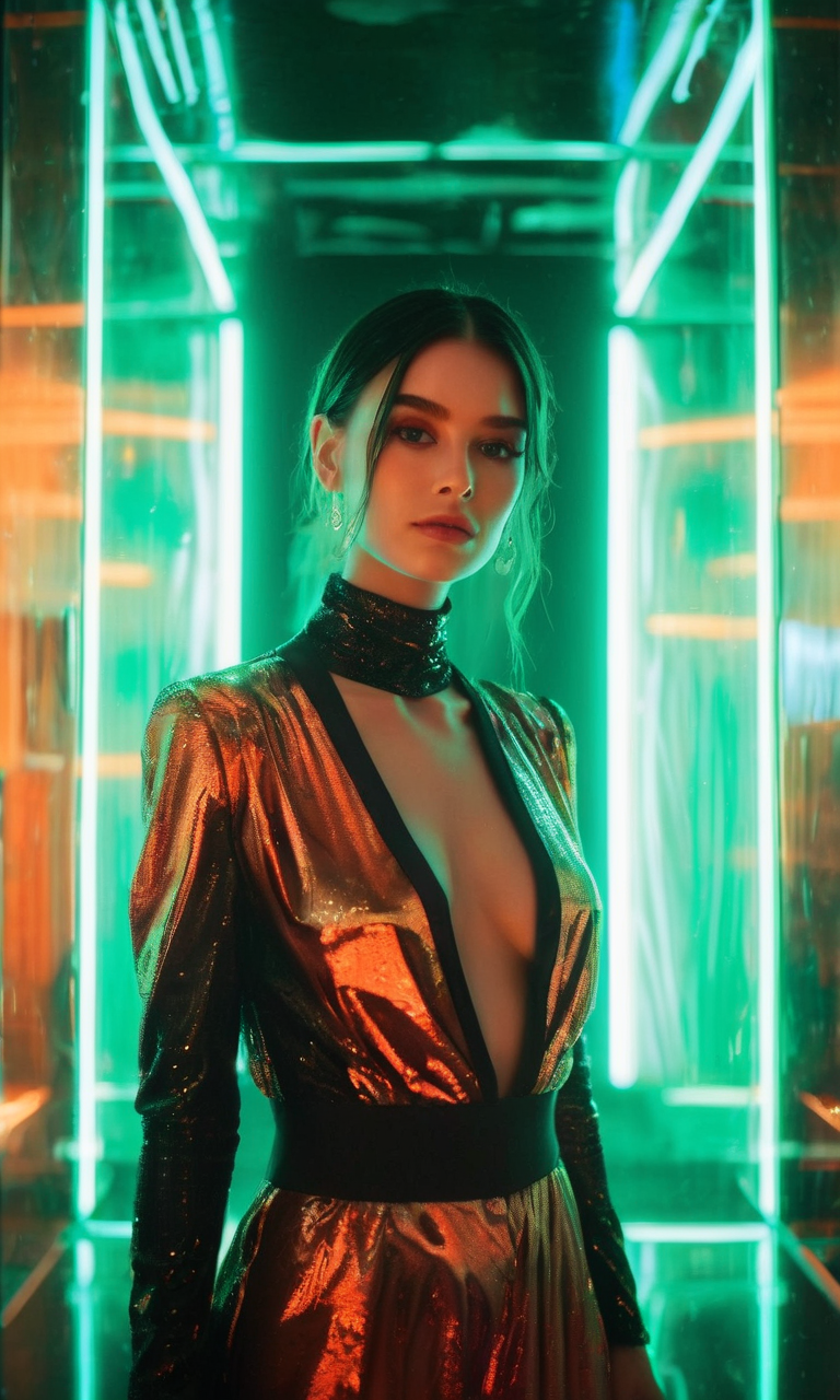 Realistic Vision V2.0 prompt: woman is standing in front of orange light, mirror walls, glossy futuristic clot...