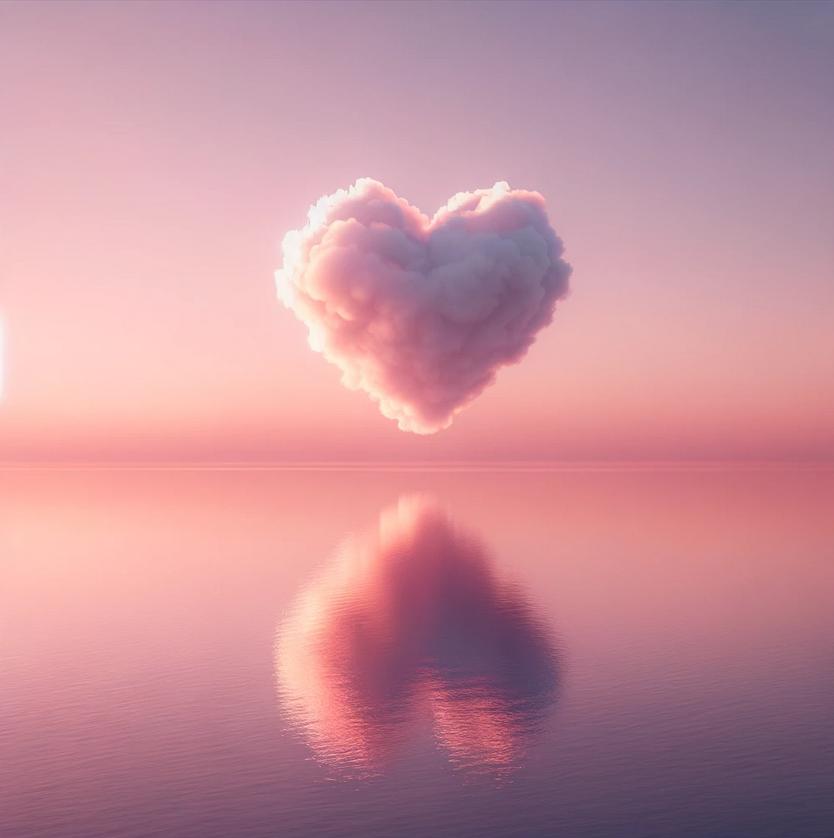 DALL·E prompt: Envision a serene dawn over a tranquil sea, where a heart-shaped cloud, ethereal...