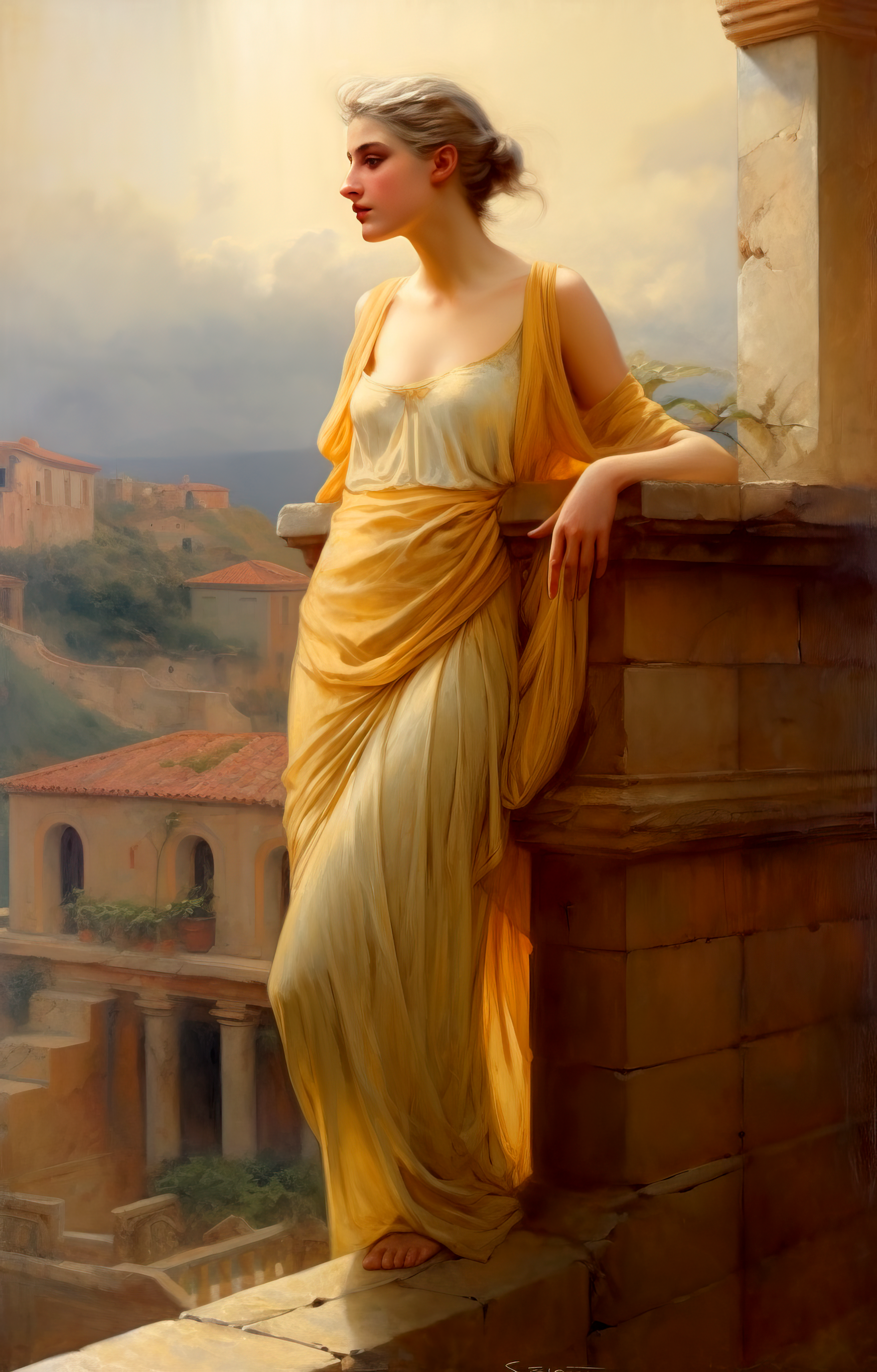 Midjourney prompt: woman on the roof, 1884 by louis carroll, in the style of classical elegance, li...