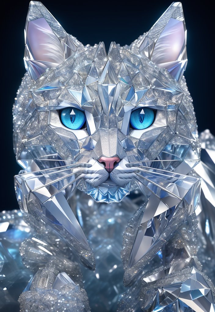 Deliberate prompt: a close up of a cat (made from a many cristal fragmrnts:1.2), (crystal cubism:1....