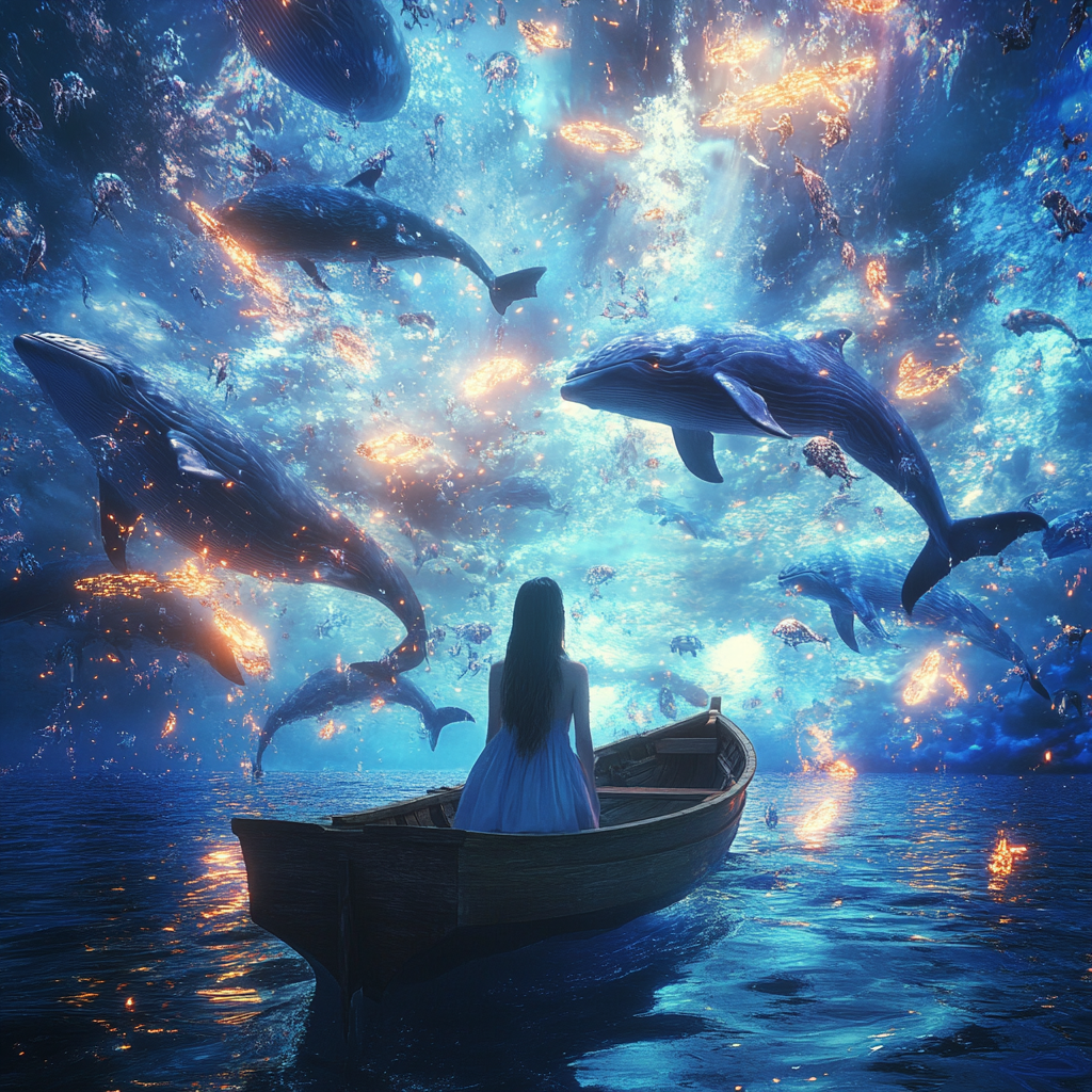 Midjourney prompt: A fantastical landscape where the sky is alive with hundreds of flying aquatic c...