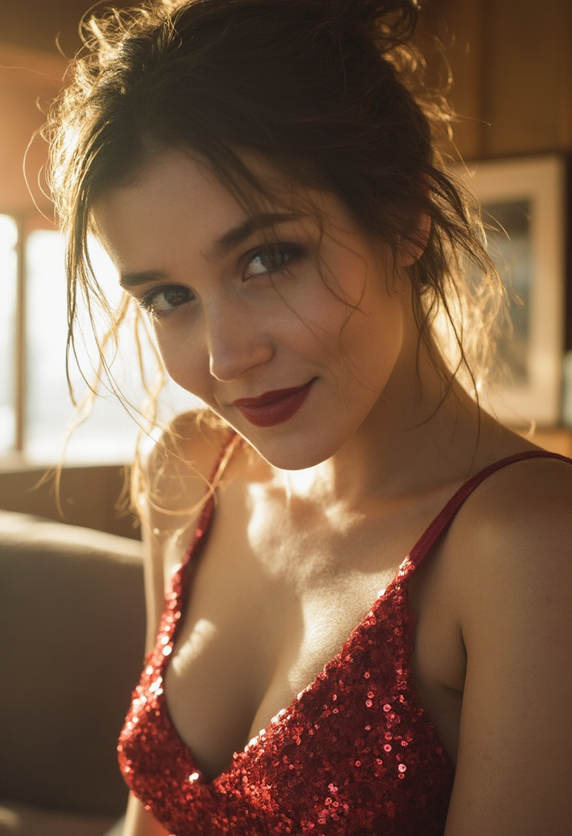 FLUX prompt: Capture a close-up portrait of a fit adult woman in a red sequined dress, her ha...