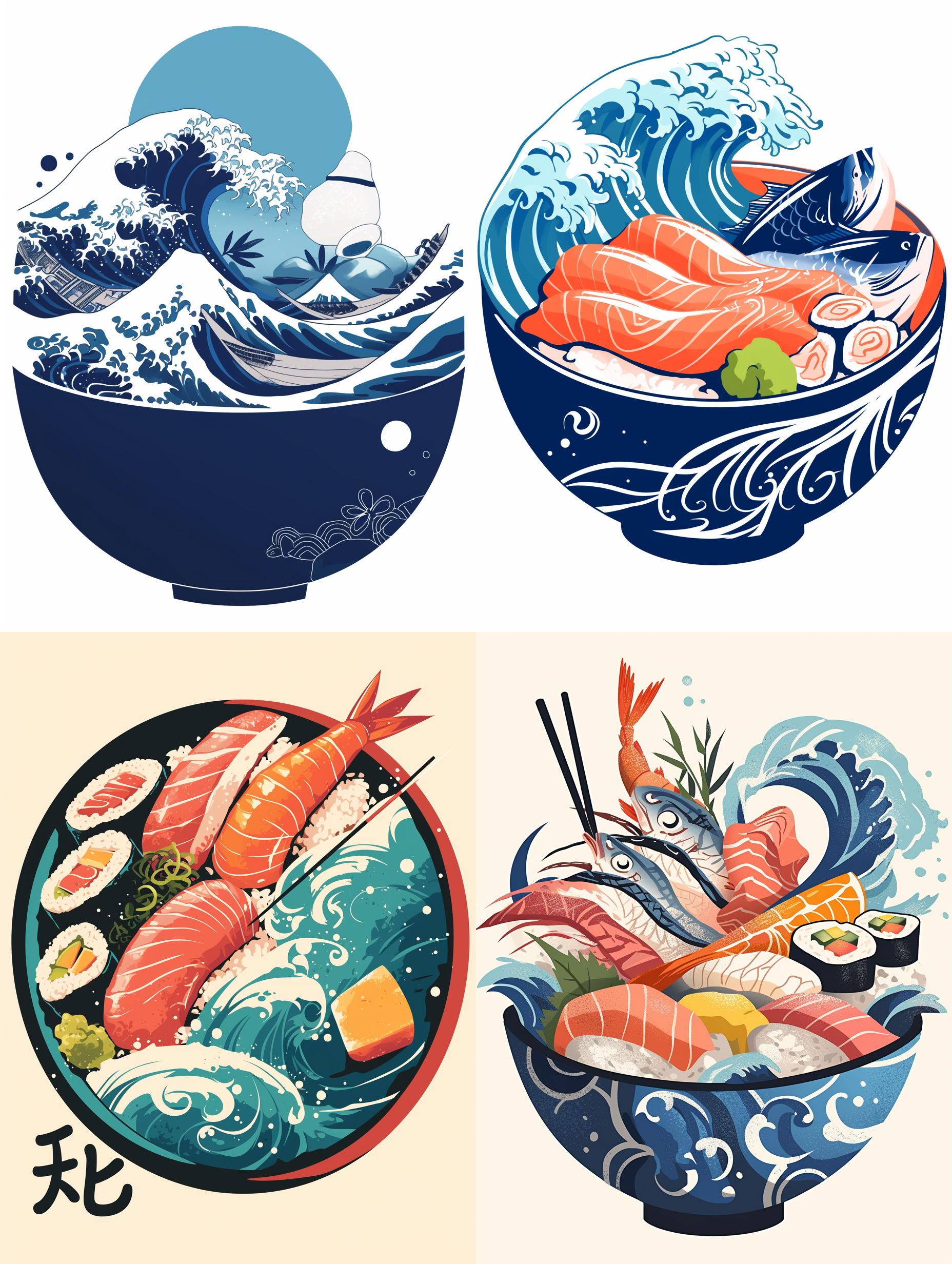 Midjourney prompt: Japanese style logo of a sushi restaurant, a sashimi bowl with blue waves --s 50