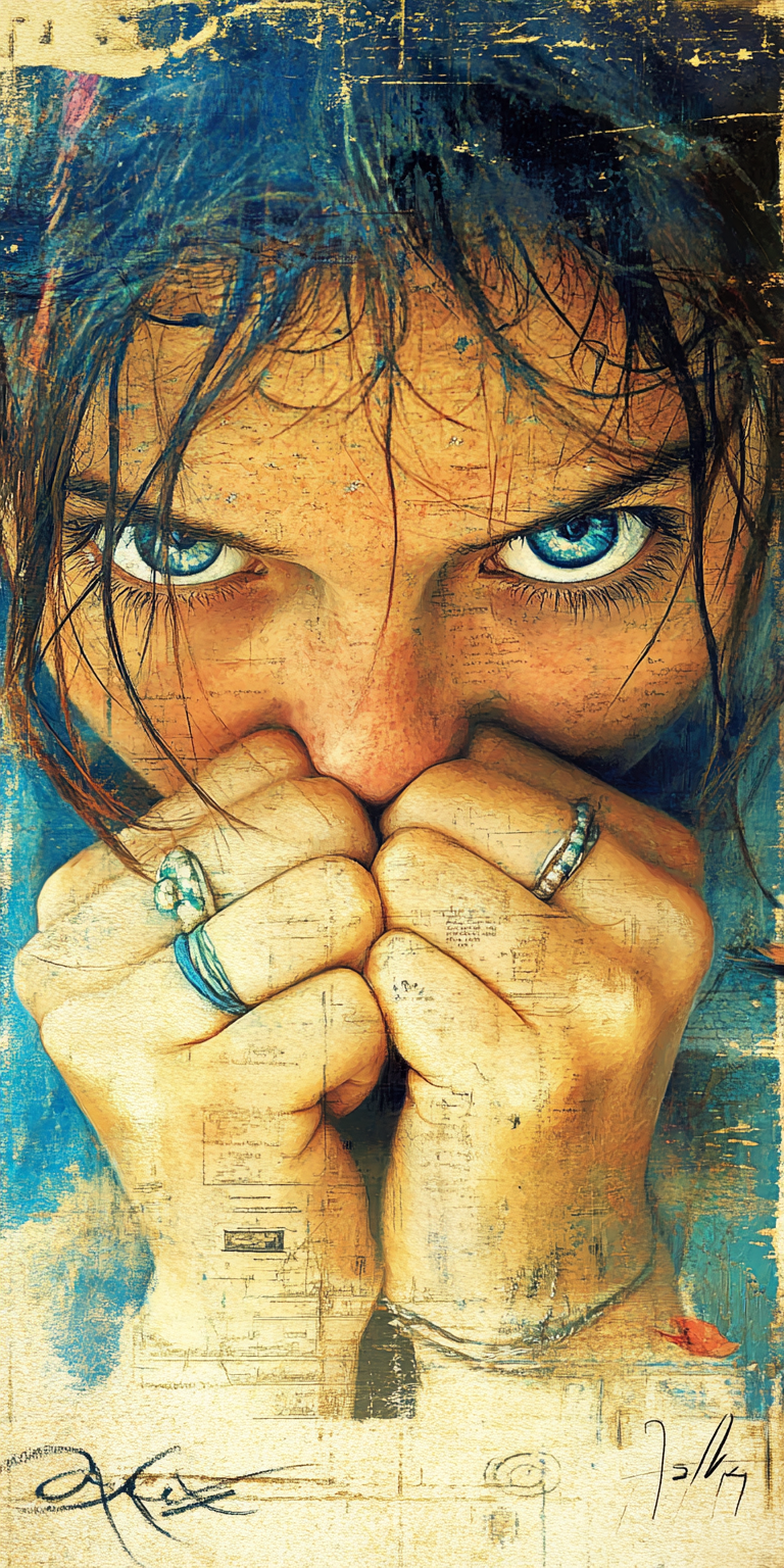 Midjourney prompt: An expressionist charcoal sketch, a stunning woman with piercing blue-green eyes...