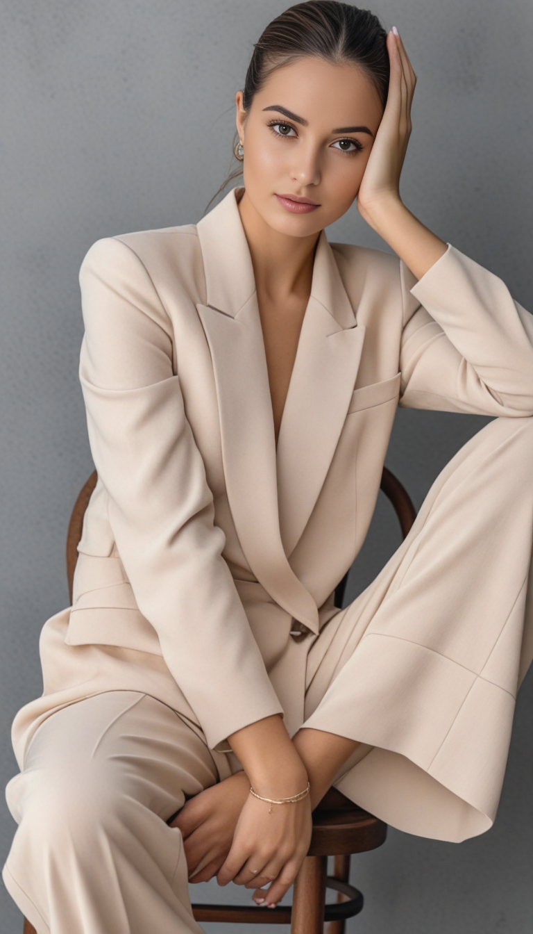 Juggernaut XL prompt: A woman with sleek back hair, wearing a light beige suit, is seated on a wooden ...