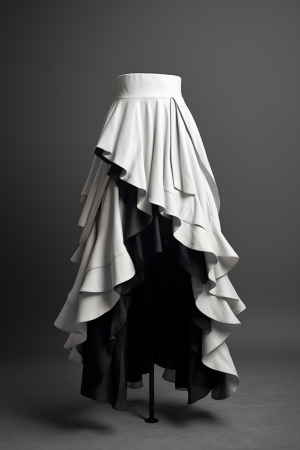 Midjourney prompt: Front view of a skirt, edgy design, featuring asymmetric ruffles and leather det...