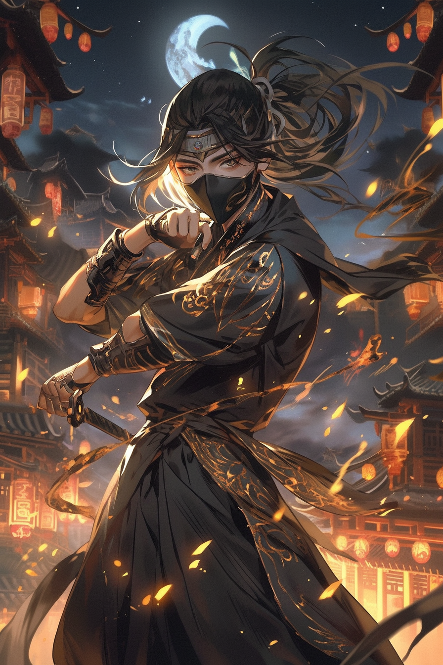 Midjourney prompt: A mischievous ninja in midnight black traditional Chinese attire, golden accesso...