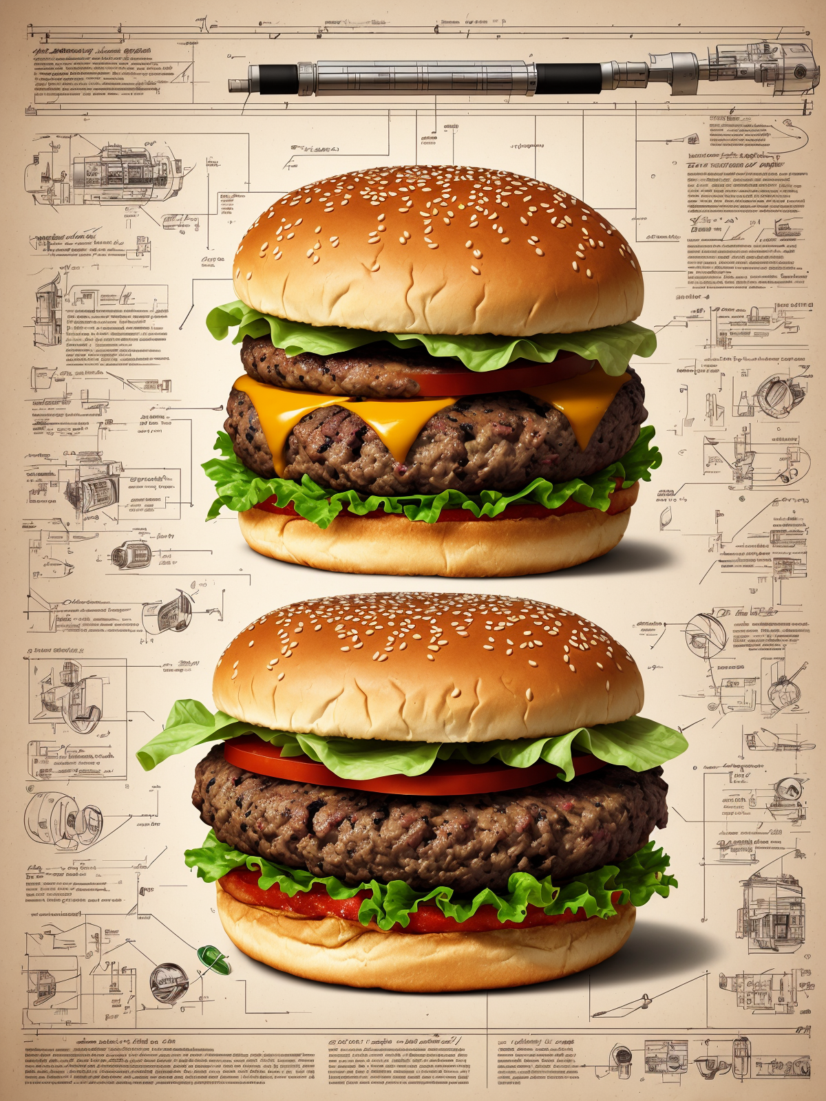 Deliberate prompt: A burger falling in pieces juicy, tasty, hot, promotional photo, intricate detai...
