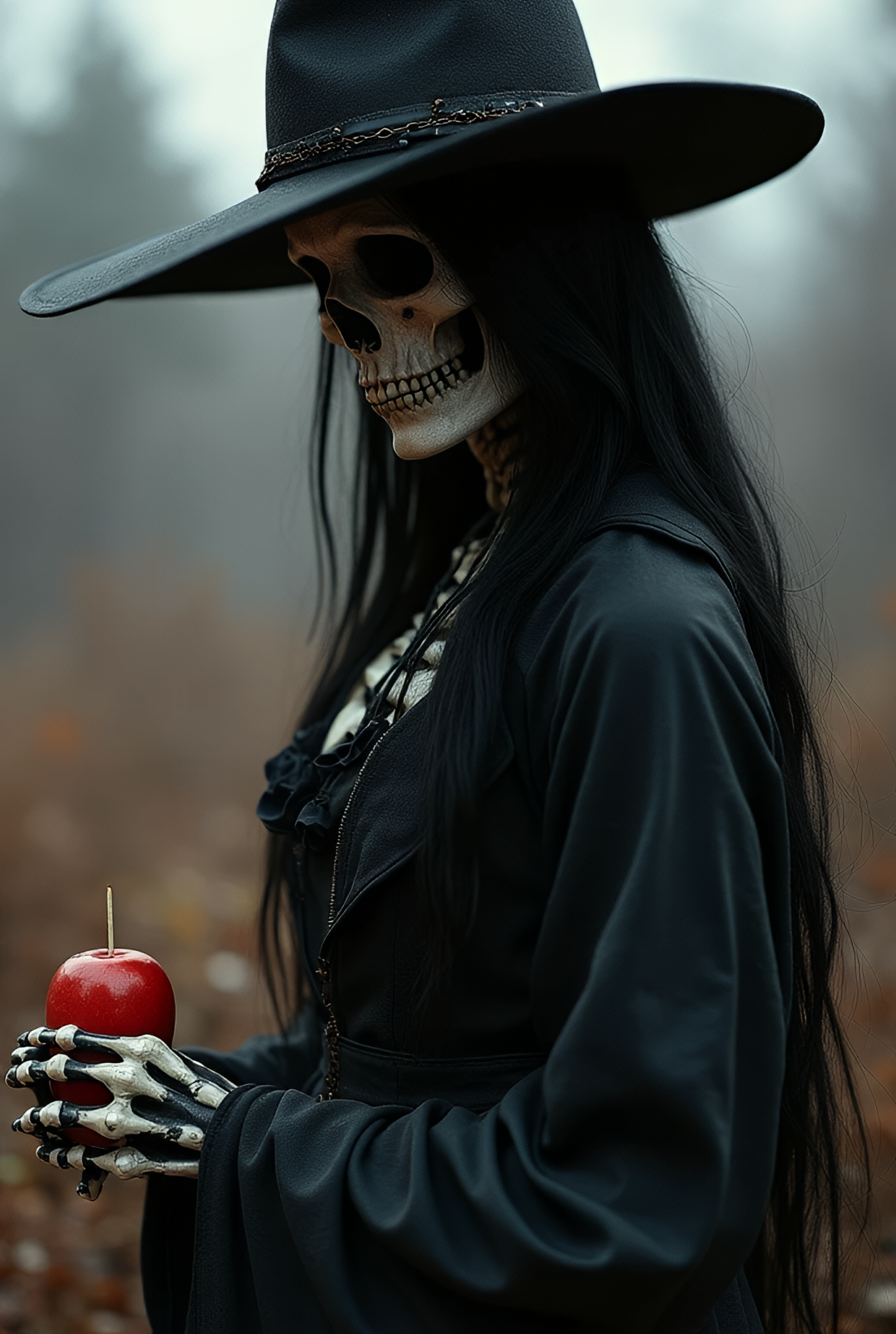 FLUX prompt: the vampire witch with hat and skeleton looking, in the style of eve ventrue, vr...
