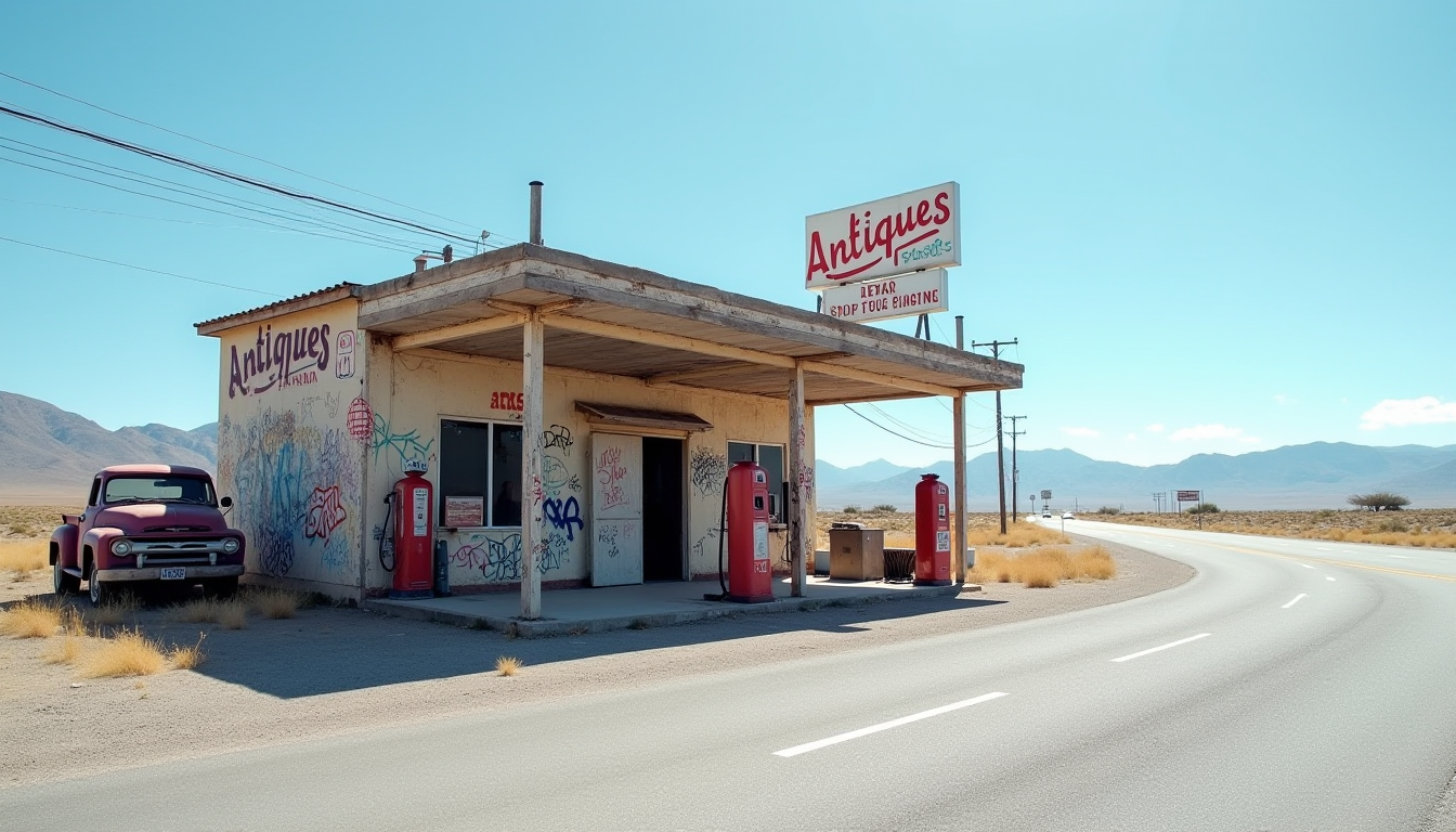 FLUX prompt: The image shows an old, dilapidated gas station on the side of a road. The gas s...