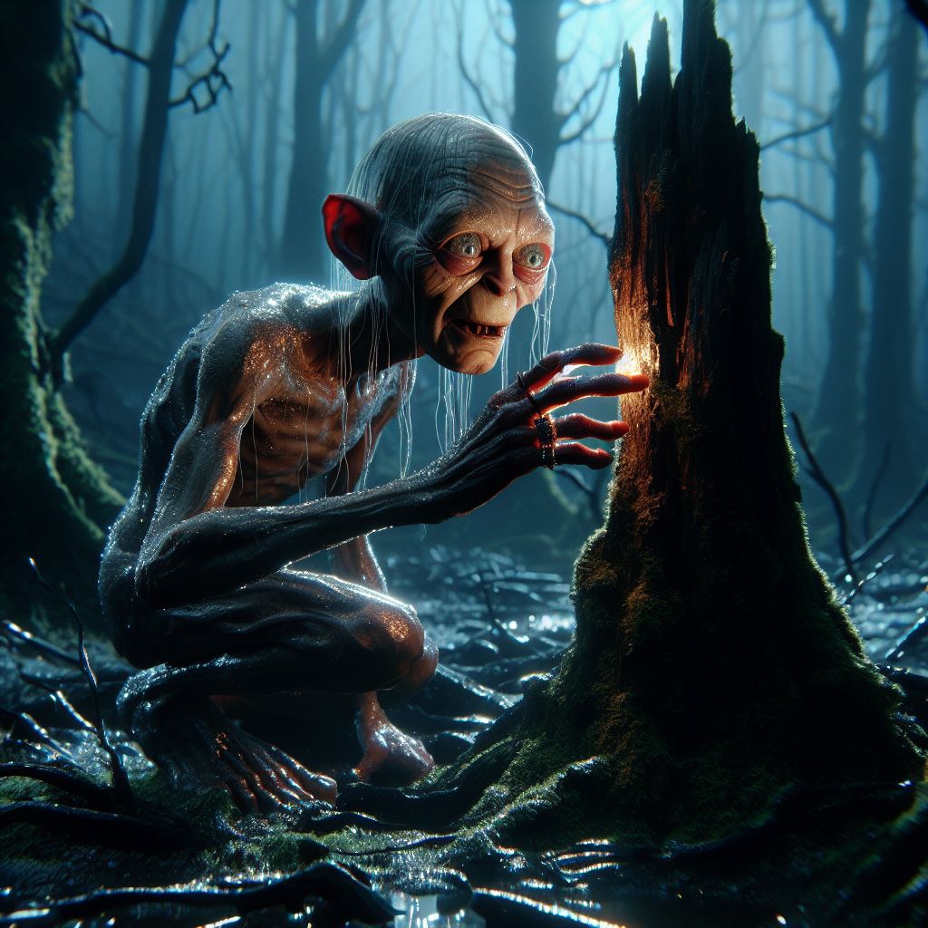 DALL·E prompt: Gollum in the forest, shiny, highly detailed, photorealistic, dynamic light,, ex...