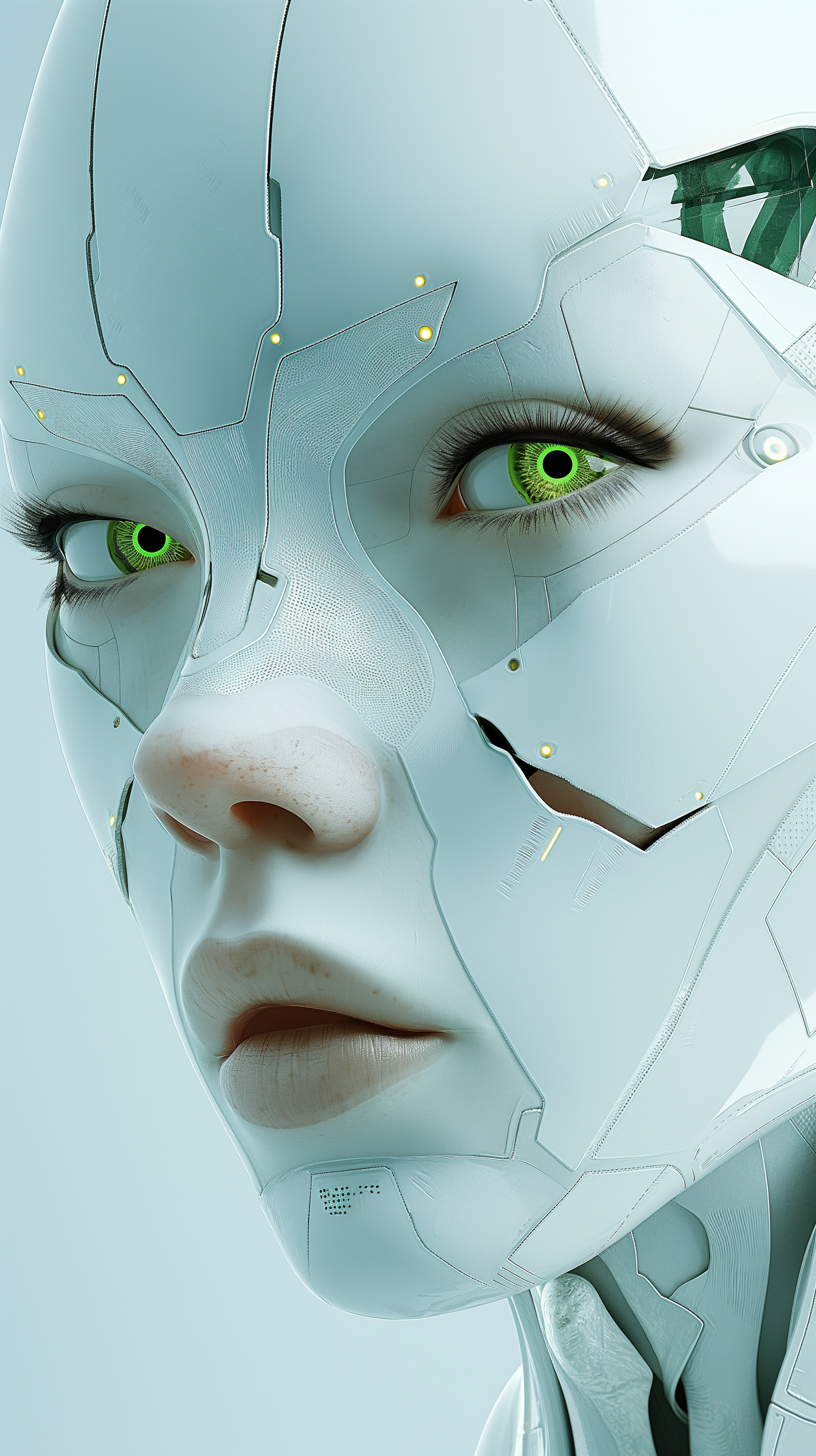 Midjourney prompt: close-up portrait of a female with a glossy white futuristic robotic design on h...