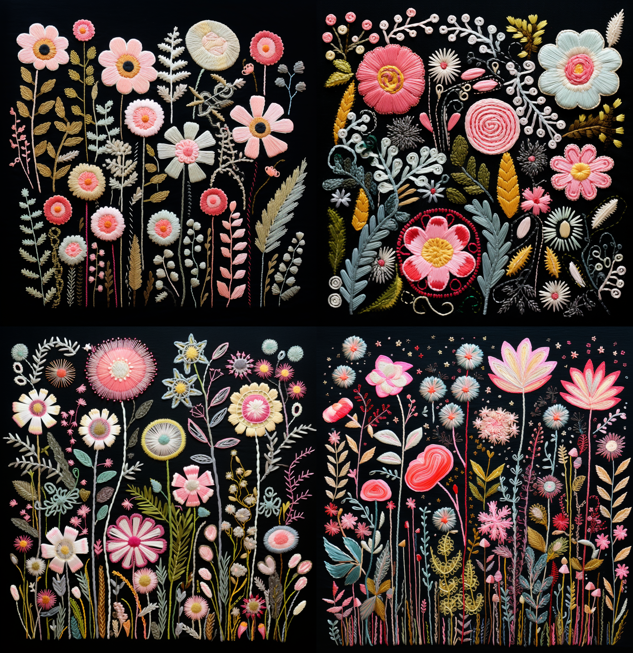 Midjourney prompt: Flat view, top view, textured embroidered painting of pink and white flowers on ...
