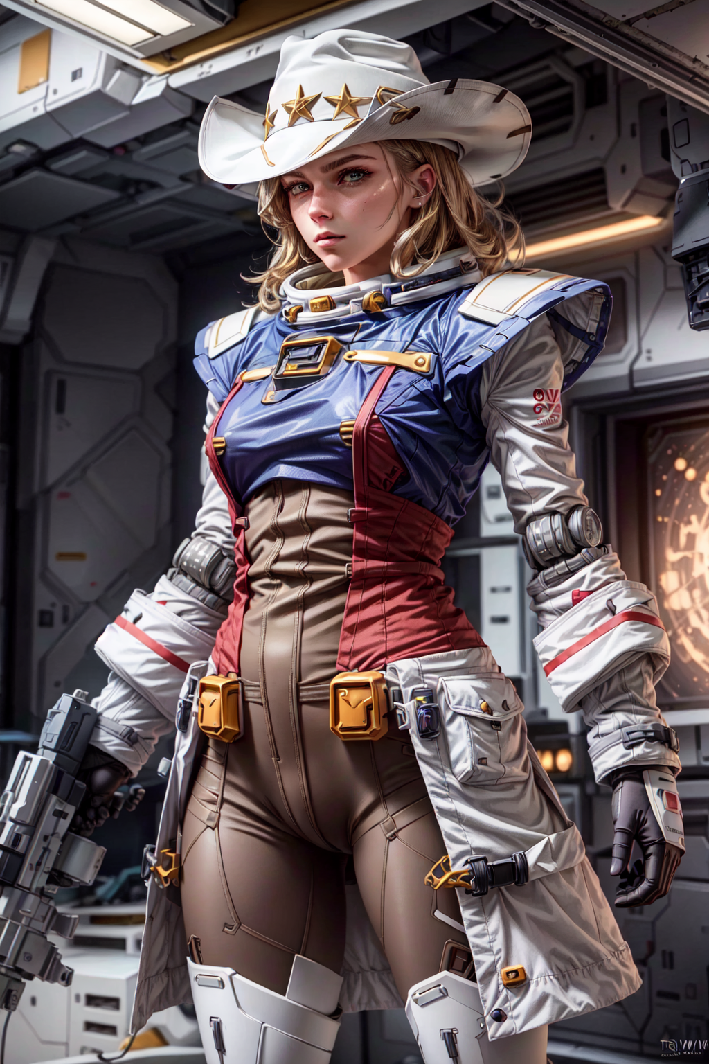 UnstableInkDream prompt: (Space Cowgirl:1.4), (trenchcoat:1.4), (cowboy hat:1.4), Gundam armor and glowin...