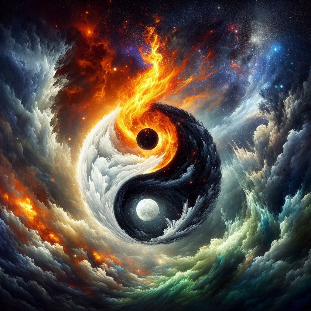 DALL·E prompt: Within the depths of a nebulous abyss, the Yin and Yang weave a hypnotic symphon...