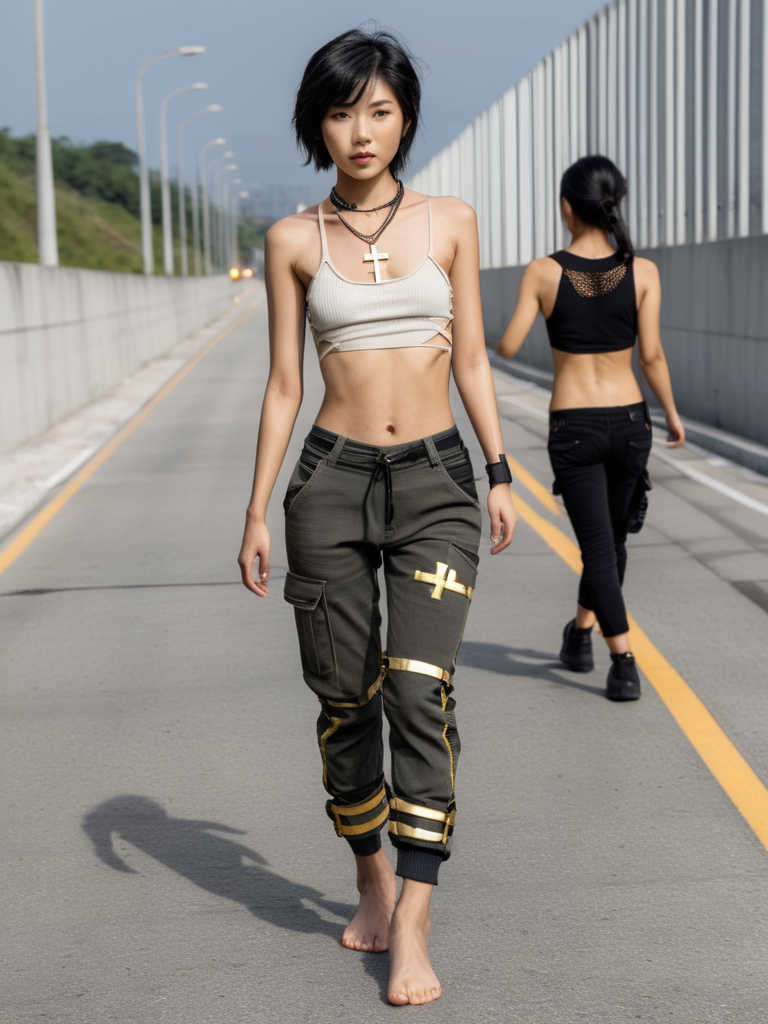 epiCRealism XL prompt: full body view of a slim,small breast,flat chest,abs,young asian female supermod...