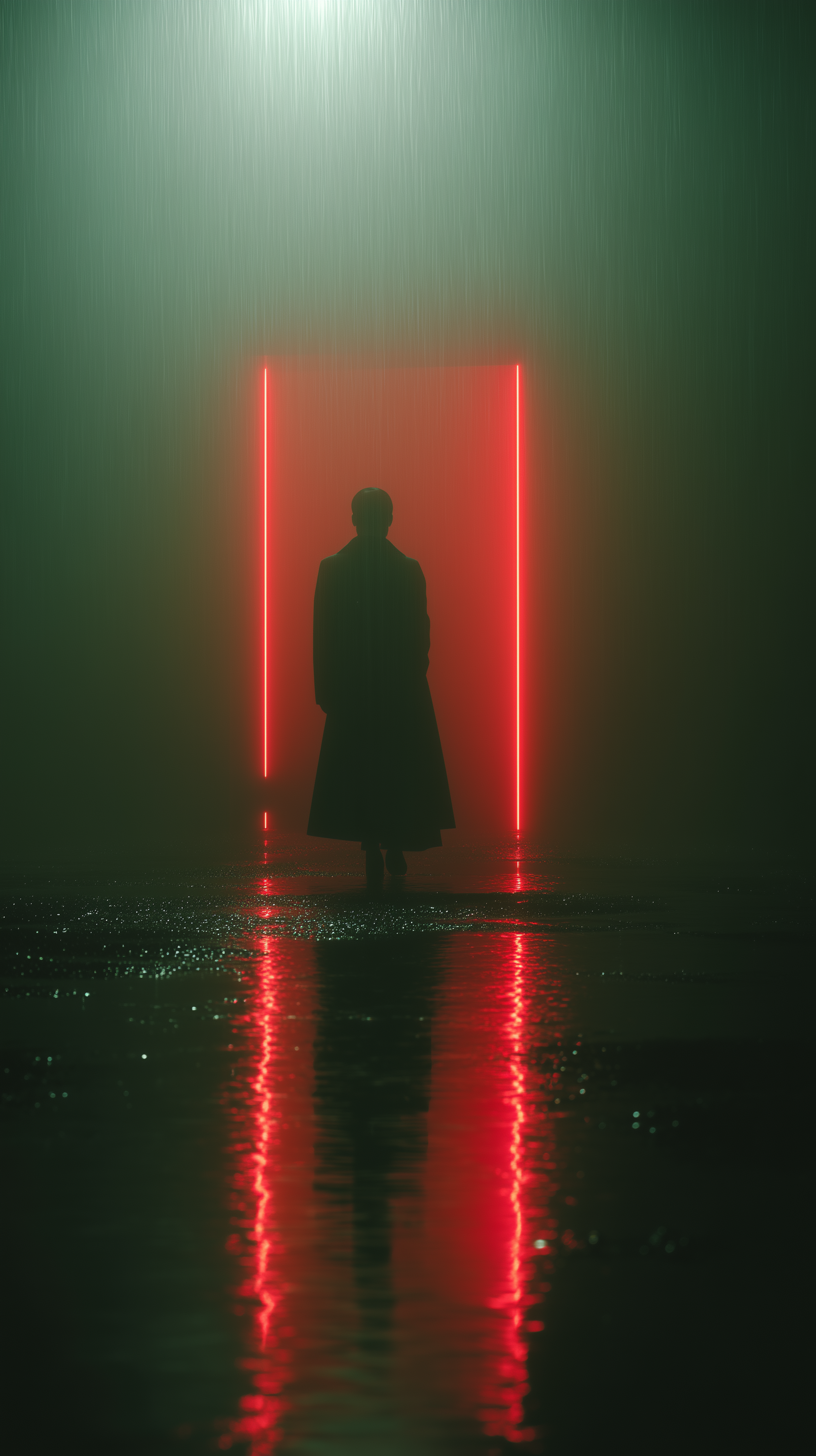 Midjourney prompt: cinematic, solitary figure silhouette, trench coat, rear view, heavy rain drople...