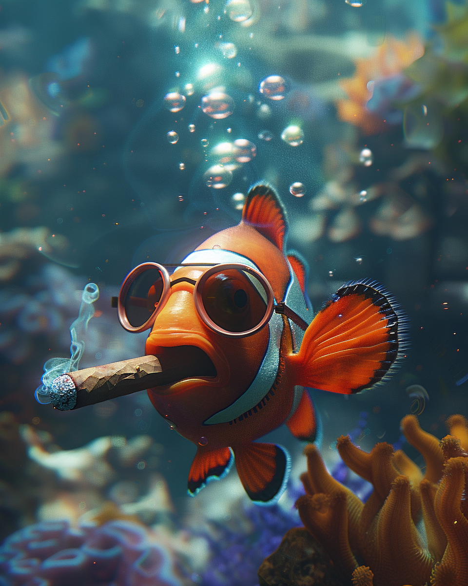 Midjourney prompt: Ultra realistic 3D image Clownfish, swimming in the ocean, while smoking a cigar...