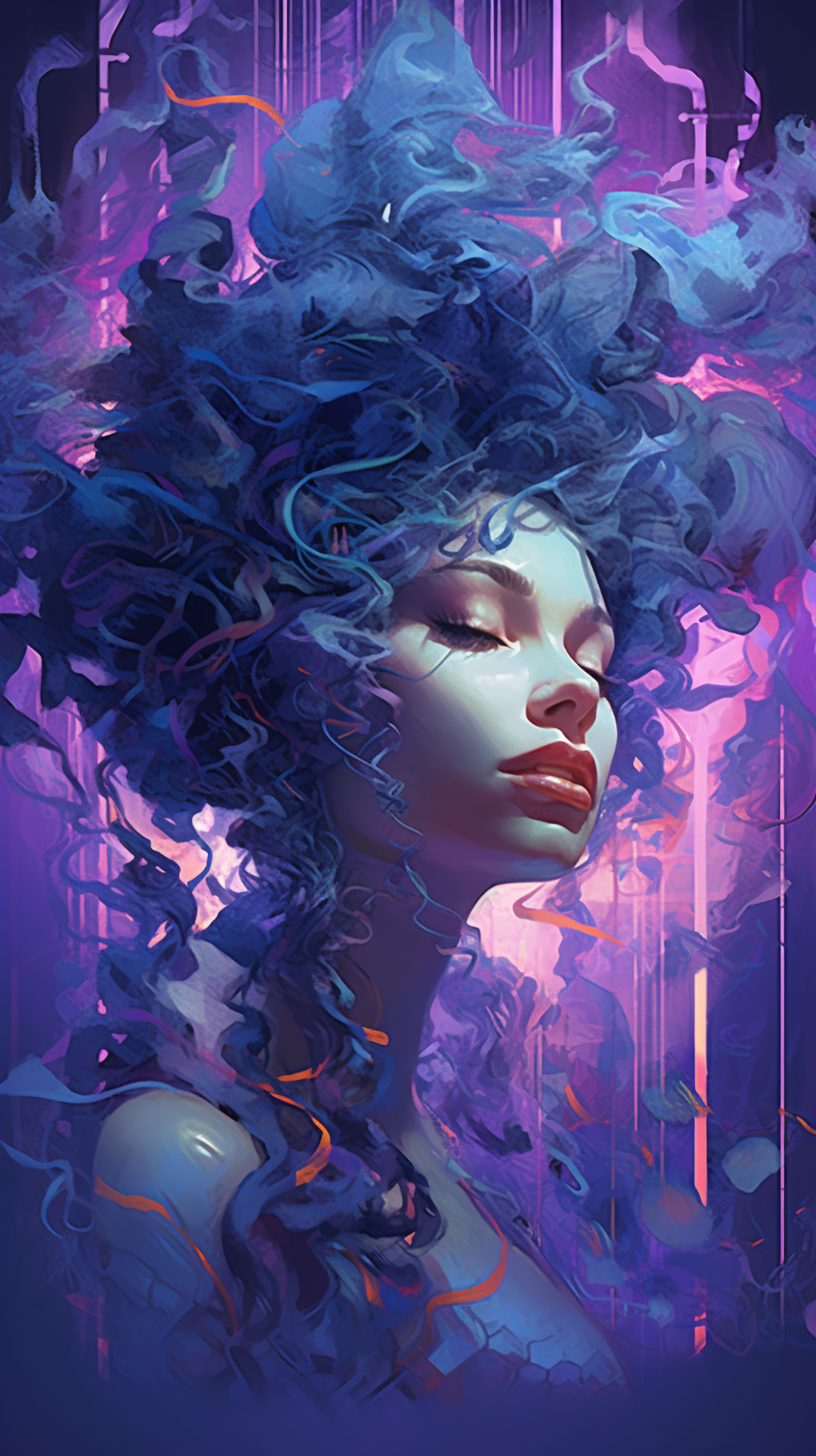 Midjourney prompt: A musician with curly hair, in the style of Beeple, pulsing with a vibrant true ...