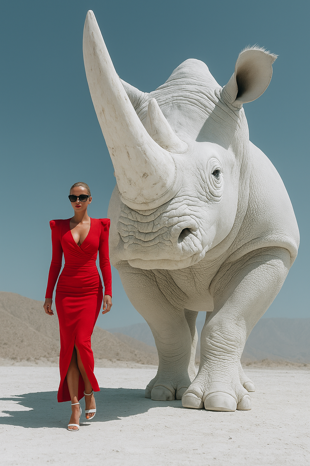 ChatGPT Image prompt: { "scene": { "type": "editorial fashion surrealism", "location": "barren white d...